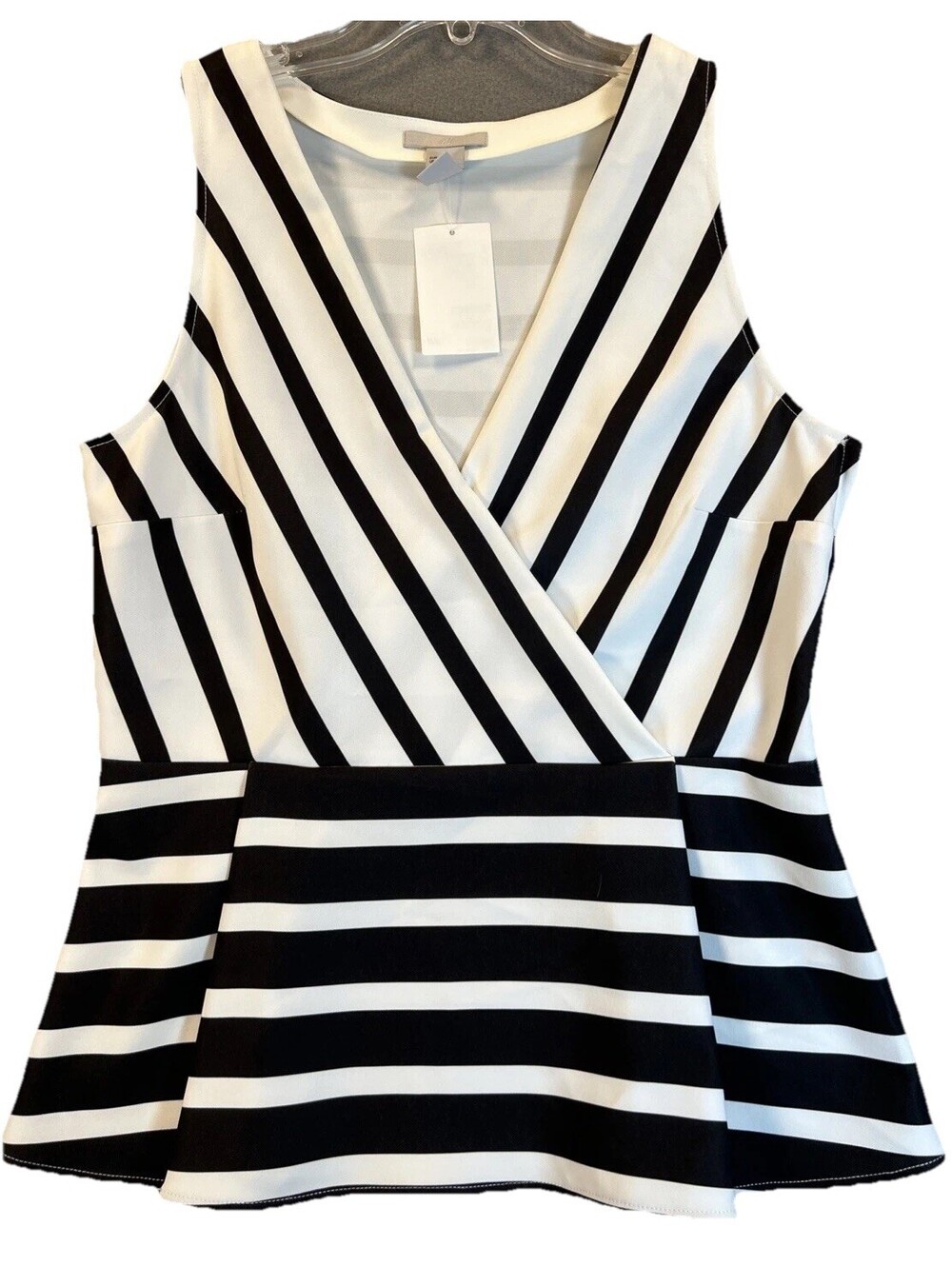 H&M 14 NWT Black White Striped Stretch Sleeveless Top Peplum Nautical Preppy